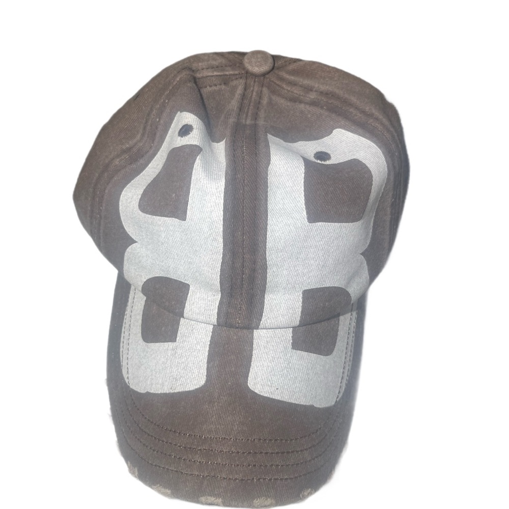 Brown Distressed Baseball Cap with White Graphic